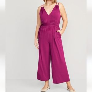 Old navy purple soft  stretchy  plungeneck  self tie belt jumsuit L nwt